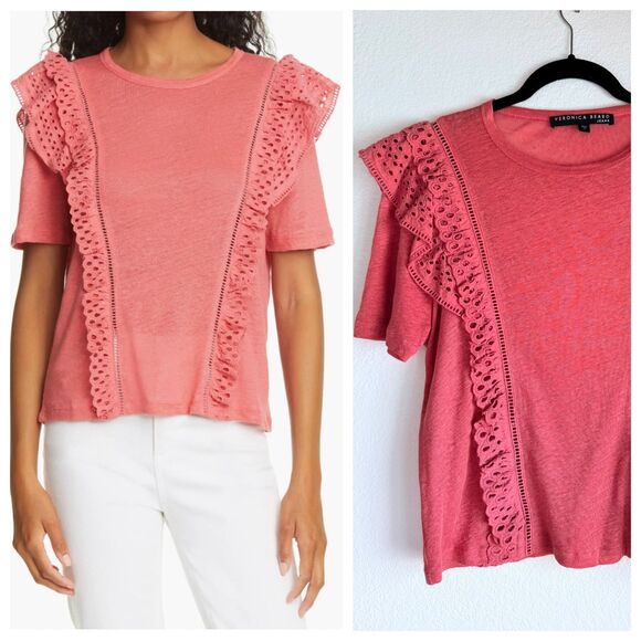 NWOT Veronica Beard Jeans Prema Eyelet Ruffle Linen Tee In Melon Pink Size XS - Picture 1 of 13
